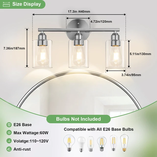 Alt view image 3 of 6 - 3-Light Bathroom Vanity Light Fixture,Silver,17.3" Modern Wall Lamp for Mirror, Clear Glass Shade