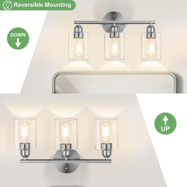 Alt view image 4 of 6 - 3-Light Bathroom Vanity Light Fixture,Silver,17.3" Modern Wall Lamp for Mirror, Clear Glass Shade