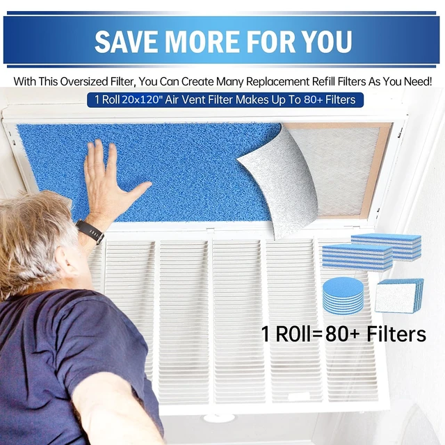Alt view image 4 of 6 - Air Vent Filters, 20" x 120" Cut to Size Air Filter Material (80+ Filters), MERV 8 Triple Vent Filter Kit for Home Floor, Grilles, Ceiling, HVAC Furnace Vents, With 48PCs Adhesive Hook Tape