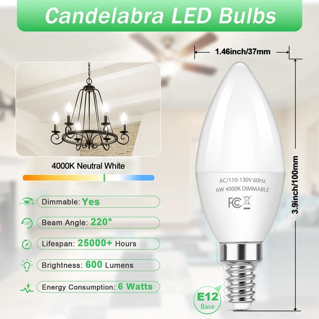 Alt view image 2 of 7 - E12 LED Bulbs, 6W Dimmable Chandelier Light Bulbs for Small Base C37 Candelabra Light Bulbs for Ceiling Fan Pendant Lights,4000K Natural White,12-Pack
