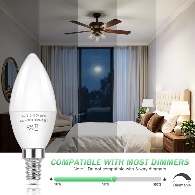 Alt view image 3 of 7 - E12 LED Bulbs, 6W Dimmable Chandelier Light Bulbs for Small Base C37 Candelabra Light Bulbs for Ceiling Fan Pendant Lights,4000K Natural White,12-Pack