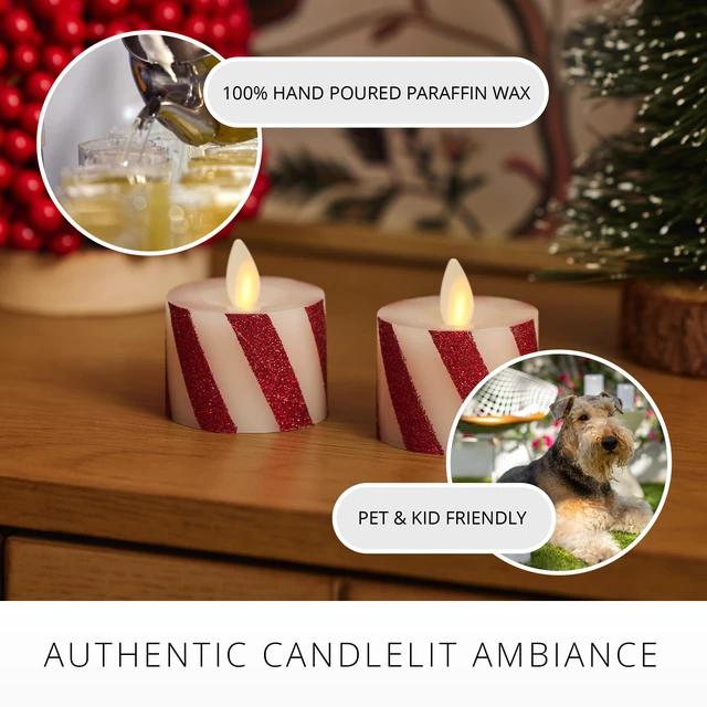 Alt view image 4 of 6 - 2-Pack Moving Flame LED Flameless Tealight (1.4" x 2") Battery Operated Plastic LED Flameless Tea Light Smooth (Candy Cane Red)