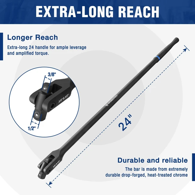 Alt view image 2 of 7 - 24-inch Dual Drive Breaker Bar, 3/8" & 1/2" Drive, 360° Flex Head Heavy Duty Breaker Bars, Spring-loaded Detent Ball, CR-MO Head, Premium Chrome Vanadium Steel with Black Phosphate Finish