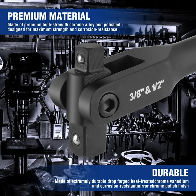Alt view image 3 of 7 - 24-inch Dual Drive Breaker Bar, 3/8" & 1/2" Drive, 360° Flex Head Heavy Duty Breaker Bars, Spring-loaded Detent Ball, CR-MO Head, Premium Chrome Vanadium Steel with Black Phosphate Finish