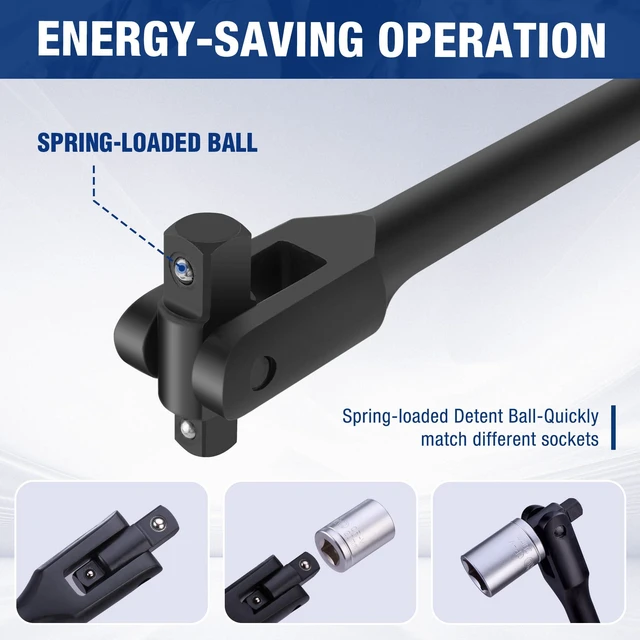 Alt view image 6 of 7 - 24-inch Dual Drive Breaker Bar, 3/8" & 1/2" Drive, 360° Flex Head Heavy Duty Breaker Bars, Spring-loaded Detent Ball, CR-MO Head, Premium Chrome Vanadium Steel with Black Phosphate Finish