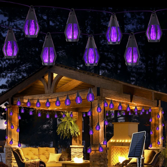 Main image of Solar String Lights for Outside, 33Ft Solar Patio Light with 15 Flickering Flame Light Bulbs, Waterproof Purple Halloween Lights for Garden Yard Patio Gazebo Bistro Cafe Party Halloween Decorations