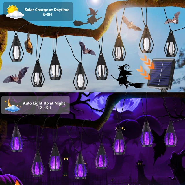 Alt view image 3 of 7 - Solar String Lights for Outside, 33Ft Solar Patio Light with 15 Flickering Flame Light Bulbs, Waterproof Purple Halloween Lights for Garden Yard Patio Gazebo Bistro Cafe Party Halloween Decorations