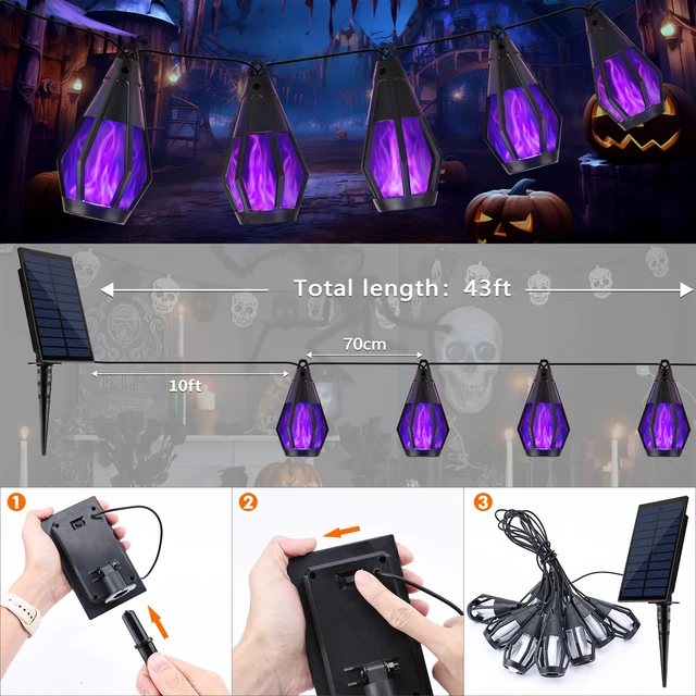 Alt view image 4 of 7 - Solar String Lights for Outside, 33Ft Solar Patio Light with 15 Flickering Flame Light Bulbs, Waterproof Purple Halloween Lights for Garden Yard Patio Gazebo Bistro Cafe Party Halloween Decorations