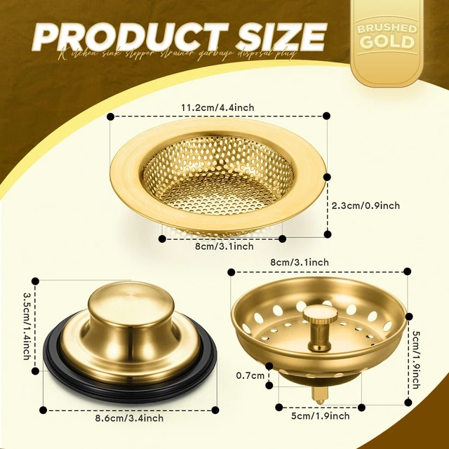 Alt view image 2 of 7 - 3 Pcs Sink Plug Stopper Disposal Drain Strainer,Antique Gold Stainless Steel, Universal Fit for Kitchen Drains, Anti-clogging Mesh Basket, Strainer and Plug Stoppers for Garbage Disposal