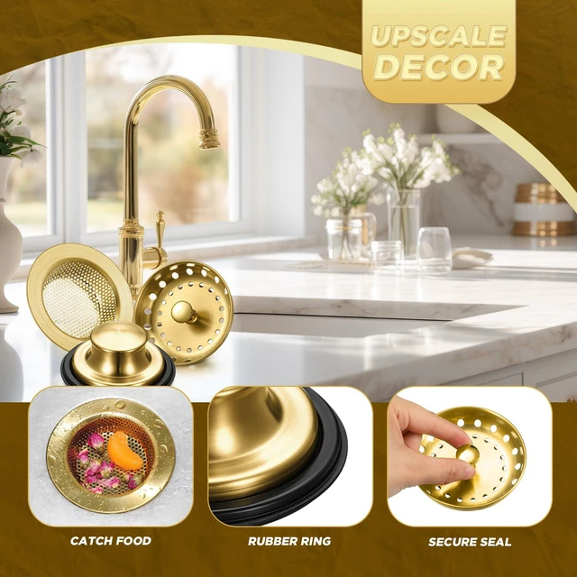 Alt view image 4 of 7 - 3 Pcs Sink Plug Stopper Disposal Drain Strainer,Antique Gold Stainless Steel, Universal Fit for Kitchen Drains, Anti-clogging Mesh Basket, Strainer and Plug Stoppers for Garbage Disposal