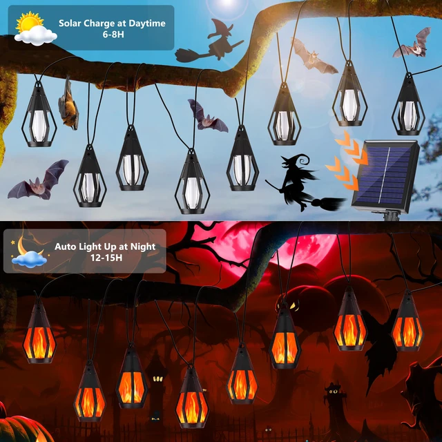 Alt view image 3 of 7 - Solar String Lights for Outside, 33Ft Solar Patio Light with 15 Flickering Flame Light Bulbs, Waterproof Red Halloween Lights for Garden Yard Patio Gazebo Bistro Cafe Party Halloween Decorations
