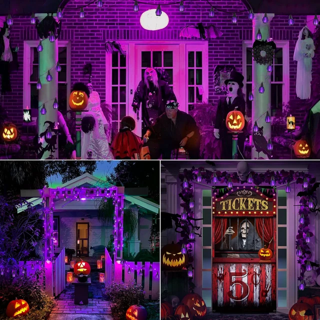 Alt view image 6 of 7 - Solar String Lights for Outside, 33Ft Solar Patio Light with 15 Flickering Flame Light Bulbs, Waterproof Purple Halloween Lights for Garden Yard Patio Gazebo Bistro Cafe Party Halloween Decorations
