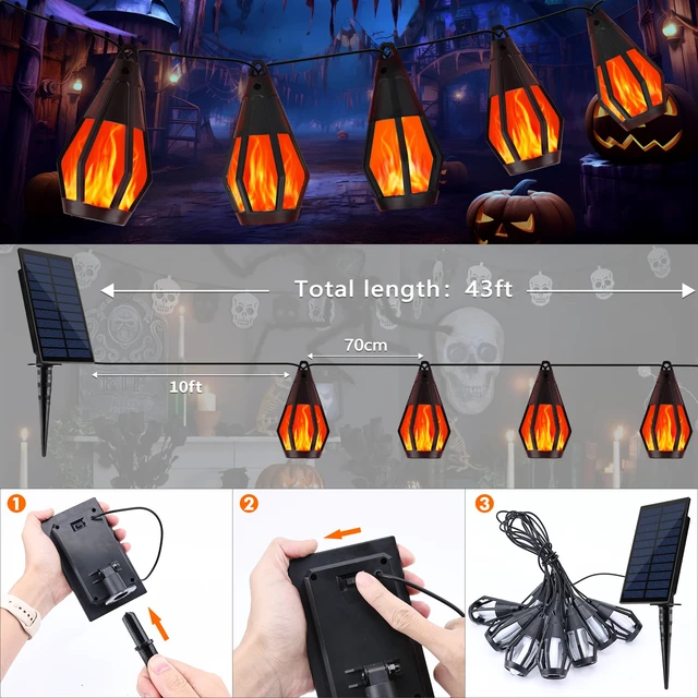 Alt view image 6 of 7 - Solar String Lights for Outside, 33Ft Solar Patio Light with 15 Flickering Flame Light Bulbs, Waterproof Red Halloween Lights for Garden Yard Patio Gazebo Bistro Cafe Party Halloween Decorations