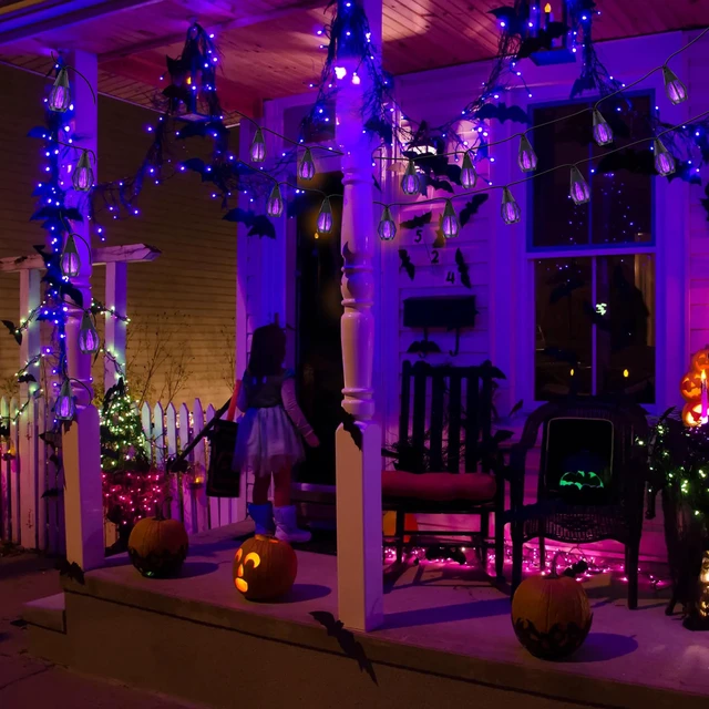 Alt view image 7 of 7 - Solar String Lights for Outside, 33Ft Solar Patio Light with 15 Flickering Flame Light Bulbs, Waterproof Purple Halloween Lights for Garden Yard Patio Gazebo Bistro Cafe Party Halloween Decorations