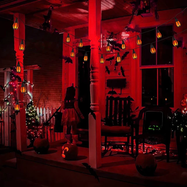 Alt view image 5 of 7 - Solar String Lights for Outside, 33Ft Solar Patio Light with 15 Flickering Flame Light Bulbs, Waterproof Red Halloween Lights for Garden Yard Patio Gazebo Bistro Cafe Party Halloween Decorations