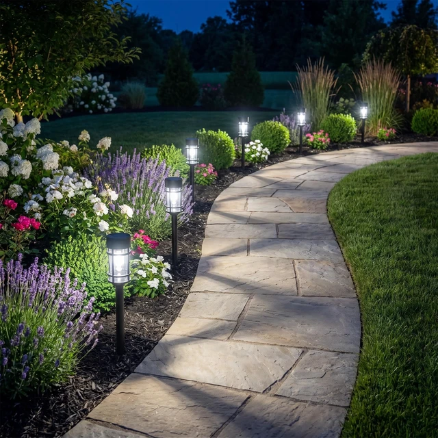 Alt view image 6 of 7 - Solar Pathway Lights Outdoor 8 Pack Waterproof Solar Lights for Garden 21" Metal Glass LED Bright 8-12Hours Long-Lasting Outdoor Solar Lights for Yard, Garden Path Landscape Driveway Walkway
