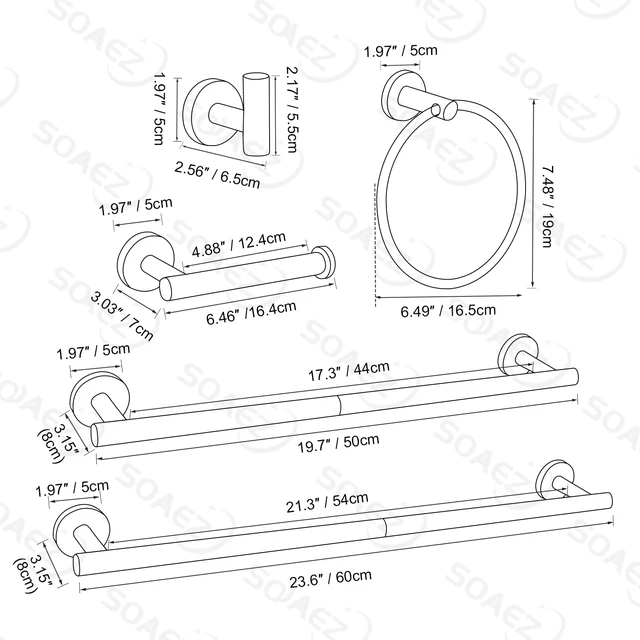 Alt view image 7 of 7 - 6 Pieces Matte Black Towel Bar Bathroom Hardware Set, 23.6Inch Matte Black Bathroom Accessories Towel Holder Set, SUS304 Stainless Steel Towel Racks for Bathroom