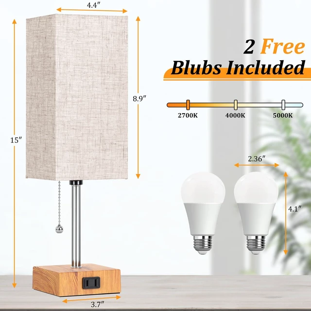 Alt view image 4 of 7 - Table Lamp for Bedroom set of 2,3-Color Bedside Lamps with Pull Chain Wood Table Lamps for Nightstand with AC Outlets,Small Night Light Lamps with 2 Bulbs Lamps for Living Room Kids Room Office Decor