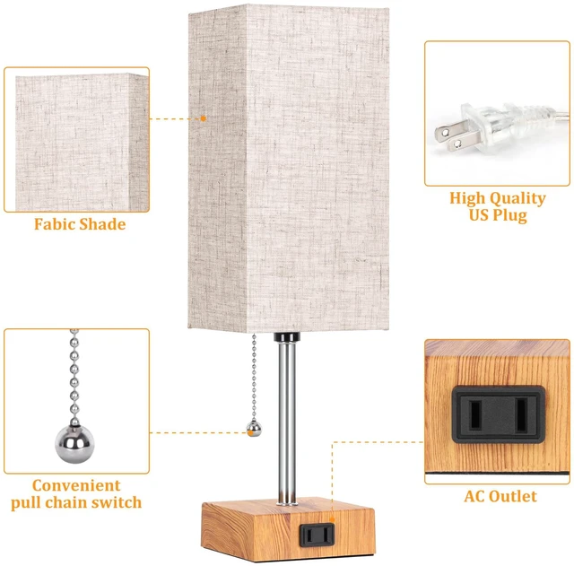 Alt view image 3 of 7 - Table Lamp for Bedroom set of 2,3-Color Bedside Lamps with Pull Chain Wood Table Lamps for Nightstand with AC Outlets,Small Night Light Lamps with 2 Bulbs Lamps for Living Room Kids Room Office Decor