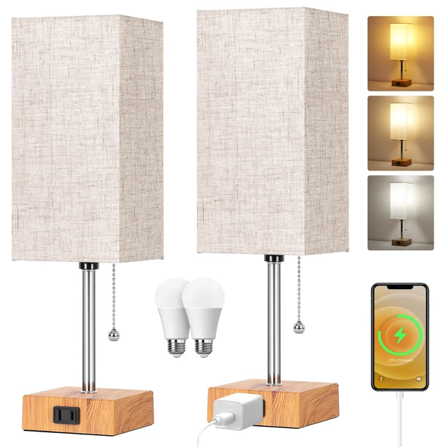 Main image of Table Lamp for Bedroom set of 2,3-Color Bedside Lamps with Pull Chain Wood Table Lamps for Nightstand with AC Outlets,Small Night Light Lamps with 2 Bulbs Lamps for Living Room Kids Room Office Decor