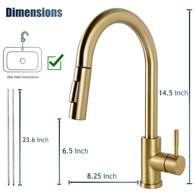 Alt view image 2 of 7 - Gold Kitchen Faucet with Pull Down Sprayer, High Arc Stainless Steel Sink Faucet, Brushed Gold Bar Faucet Fit for 1 Hole Sink, Easy Install for Kitchen Farmhouse RV, HT-KF100