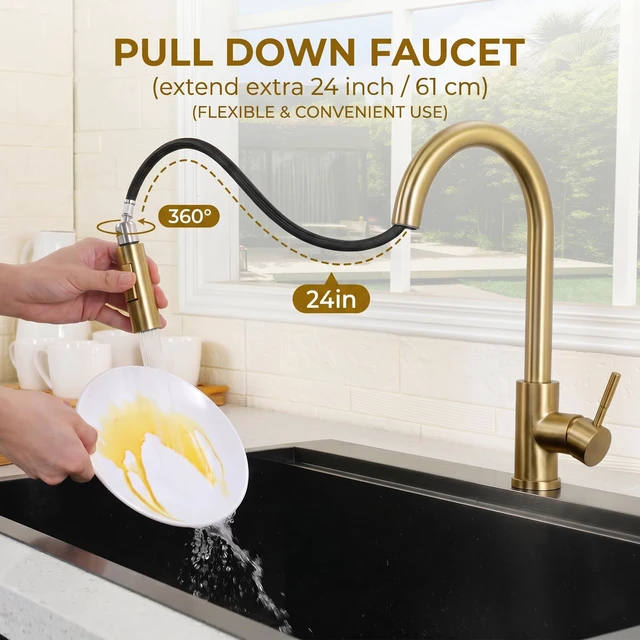 Alt view image 3 of 7 - Gold Kitchen Faucet with Pull Down Sprayer, High Arc Stainless Steel Sink Faucet, Brushed Gold Bar Faucet Fit for 1 Hole Sink, Easy Install for Kitchen Farmhouse RV, HT-KF100