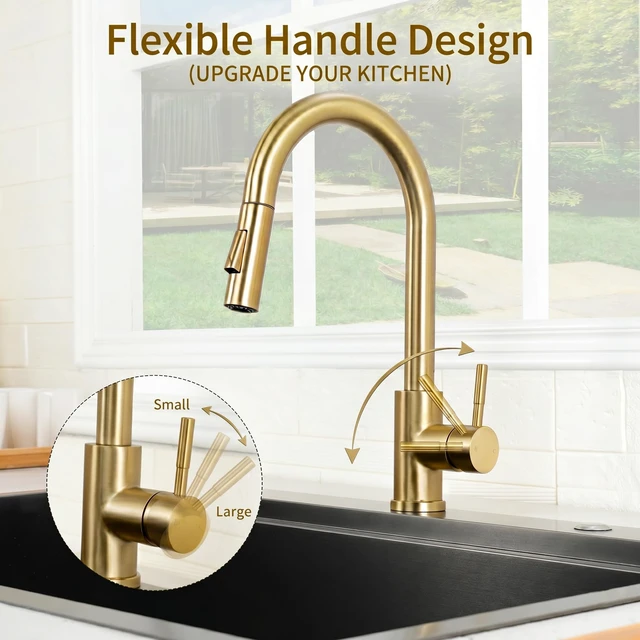 Alt view image 4 of 7 - Gold Kitchen Faucet with Pull Down Sprayer, High Arc Stainless Steel Sink Faucet, Brushed Gold Bar Faucet Fit for 1 Hole Sink, Easy Install for Kitchen Farmhouse RV, HT-KF100
