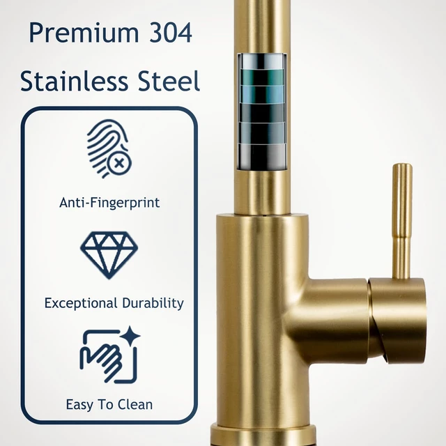 Alt view image 7 of 7 - Gold Kitchen Faucet with Pull Down Sprayer, High Arc Stainless Steel Sink Faucet, Brushed Gold Bar Faucet Fit for 1 Hole Sink, Easy Install for Kitchen Farmhouse RV, HT-KF100