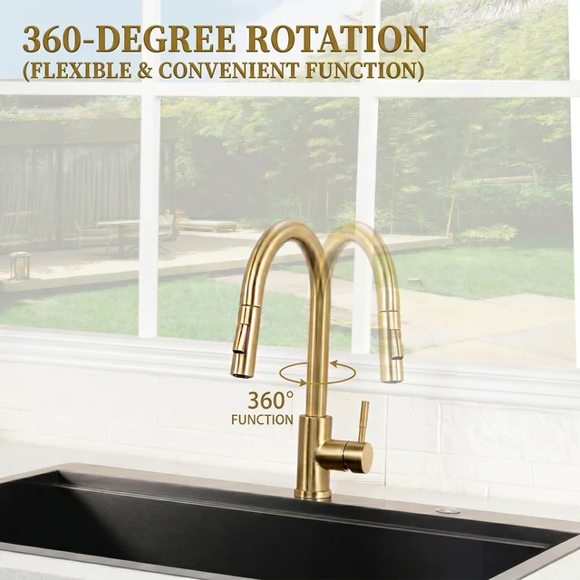 Alt view image 6 of 7 - Gold Kitchen Faucet with Pull Down Sprayer, High Arc Stainless Steel Sink Faucet, Brushed Gold Bar Faucet Fit for 1 Hole Sink, Easy Install for Kitchen Farmhouse RV, HT-KF100