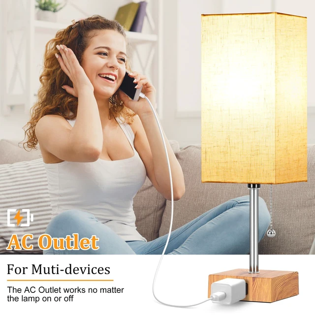 Alt view image 6 of 7 - Table Lamp for Bedroom set of 2,3-Color Bedside Lamps with Pull Chain Wood Table Lamps for Nightstand with AC Outlets,Small Night Light Lamps with 2 Bulbs Lamps for Living Room Kids Room Office Decor