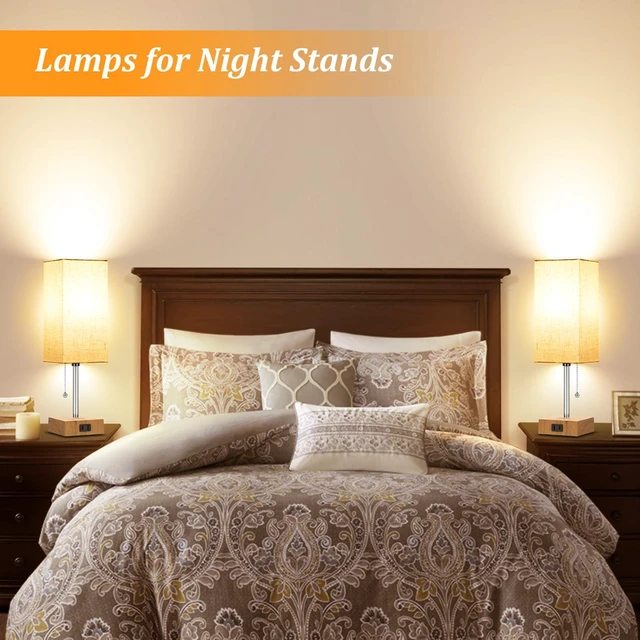 Alt view image 5 of 7 - Table Lamp for Bedroom set of 2,3-Color Bedside Lamps with Pull Chain Wood Table Lamps for Nightstand with AC Outlets,Small Night Light Lamps with 2 Bulbs Lamps for Living Room Kids Room Office Decor