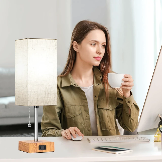 Alt view image 7 of 7 - Table Lamp for Bedroom set of 2,3-Color Bedside Lamps with Pull Chain Wood Table Lamps for Nightstand with AC Outlets,Small Night Light Lamps with 2 Bulbs Lamps for Living Room Kids Room Office Decor