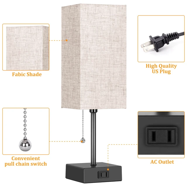 Alt view image 4 of 7 - Table Lamp for Bedroom set of 2,3-Color Bedside Lamps with Pull Chain Table Lamps for Nightstand with AC Outlets,Night Light Lamps for Living Room Kids Office DecorBlack+Cream