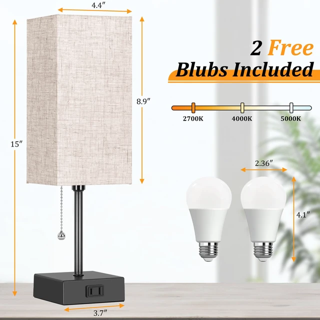 Alt view image 2 of 7 - Table Lamp for Bedroom set of 2,3-Color Bedside Lamps with Pull Chain Table Lamps for Nightstand with AC Outlets,Night Light Lamps for Living Room Kids Office DecorBlack+Cream