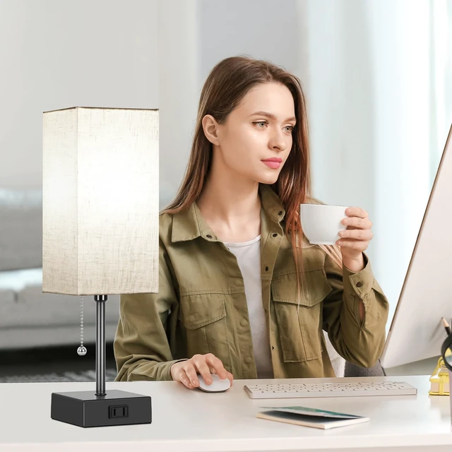 Alt view image 5 of 7 - Table Lamp for Bedroom set of 2,3-Color Bedside Lamps with Pull Chain Table Lamps for Nightstand with AC Outlets,Night Light Lamps for Living Room Kids Office DecorBlack+Cream