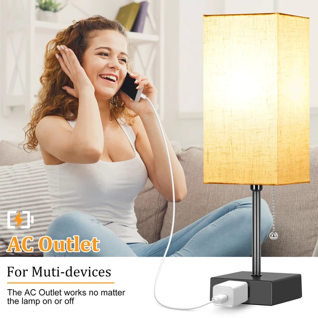 Alt view image 6 of 7 - Table Lamp for Bedroom set of 2,3-Color Bedside Lamps with Pull Chain Table Lamps for Nightstand with AC Outlets,Night Light Lamps for Living Room Kids Office DecorBlack+Cream