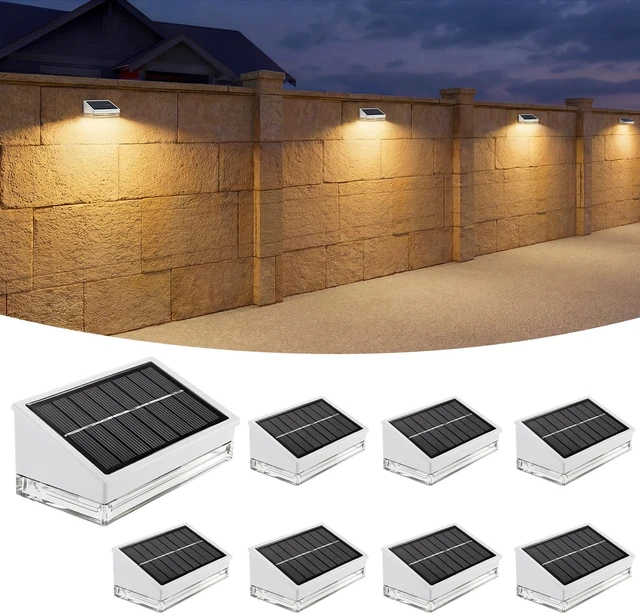 Main image of Solar Fence Lights 8 Pack, Outdoor Solar Lights with 3 Color Temperatures, IP65 Waterproof Wide-Angle LED Lighting for Fence, Patio, Yard, Deck, Wall, Garden (White)