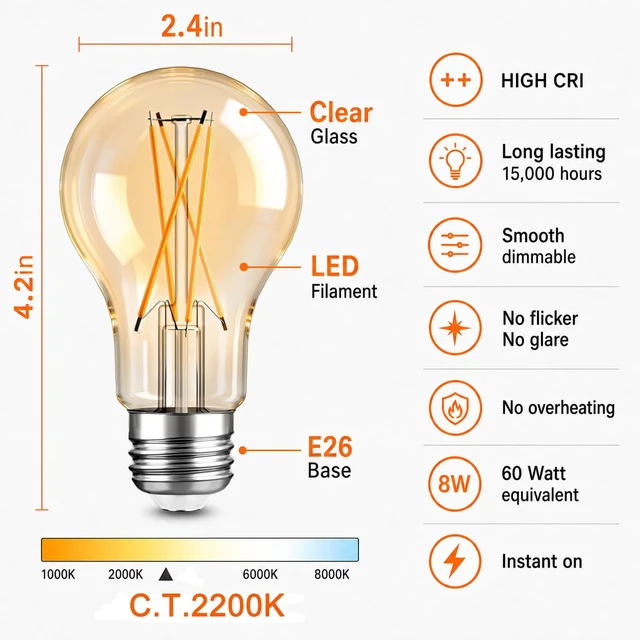 Alt view image 2 of 7 - A19 Vintage Dimmable LED Light Bulbs, E26 Base 60W Equivalent, 6 Pack 2200K Amber Warm White, 8W, 800 Lumens High Brightness, CRI 80+, Clear Glass Edison Filament, for Home, Farmhouse