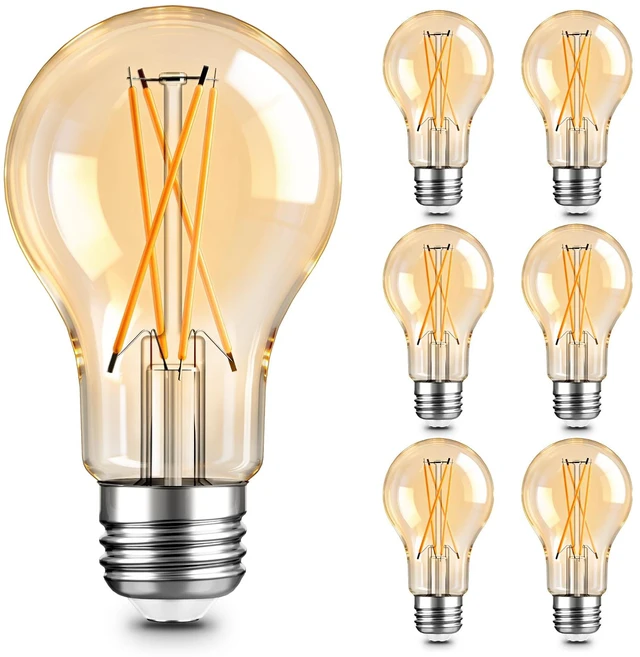 Main image of A19 Vintage Dimmable LED Light Bulbs, E26 Base 60W Equivalent, 6 Pack 2200K Amber Warm White, 8W, 800 Lumens High Brightness, CRI 80+, Clear Glass Edison Filament, for Home, Farmhouse