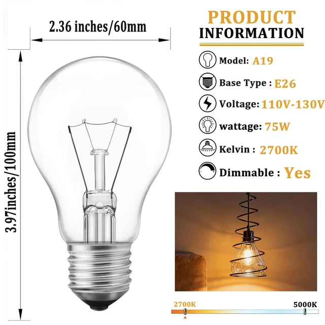 Alt view image 2 of 7 - 75 Watt Incandescent Light Bulbs, A19 Incandescent Bulb 60+ watts, Shatter-Resistant and Durable, Warm White Light (12-Pack)