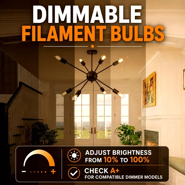 Alt view image 7 of 7 - A19 Vintage Dimmable LED Light Bulbs, E26 Base 60W Equivalent, 6 Pack 2200K Amber Warm White, 8W, 800 Lumens High Brightness, CRI 80+, Clear Glass Edison Filament, for Home, Farmhouse