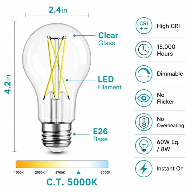 Alt view image 2 of 7 - A19 Vintage Dimmable LED Light Bulbs, E26 Base 60W Equivalent, 12 Pack 5000K Daylight White, 8W, 800 Lumens High Brightness, CRI 80+, Clear Glass Edison Vintage Filament, for Home, Farmhouse
