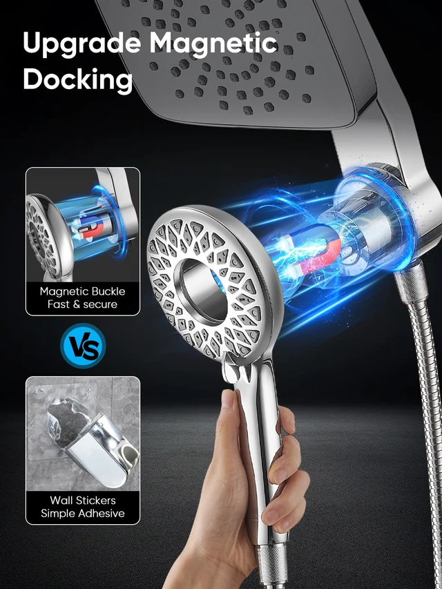 Alt view image 3 of 7 - ® Dual Shower Head with Magnetic Handheld, Chrome Rain Shower Combo, 2-in-1 Fixed & Detachable, Multiple Spray Modes, Built-in Magnet Dock, 6ft Hose