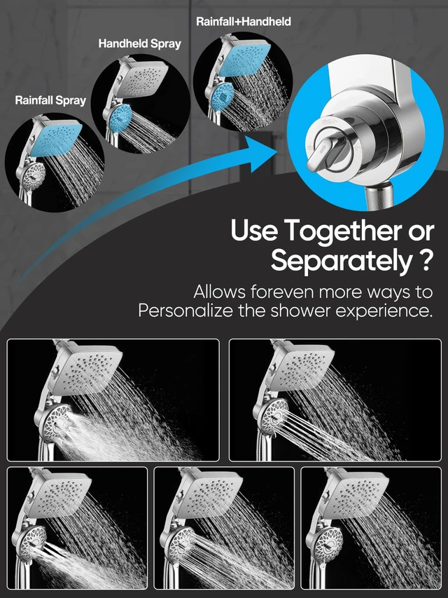 Alt view image 4 of 7 - ® Dual Shower Head with Magnetic Handheld, Chrome Rain Shower Combo, 2-in-1 Fixed & Detachable, Multiple Spray Modes, Built-in Magnet Dock, 6ft Hose