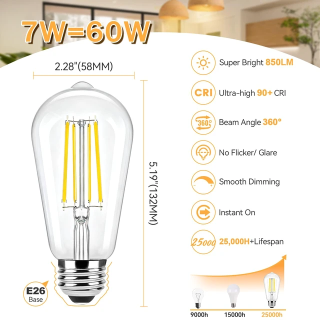 Alt view image 2 of 7 - 20-Pack Dimmable Led Light Bulbs 60W Equivalent, Vintage Edison Light Bulbs, 2700K Warm White ST58 7W LED Bulb Super Bright 850LM, 90+CRI, Clear Glass Antique Decorative Filament Bulbs