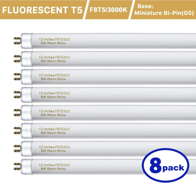 Alt view image 3 of 7 - 8 Pack F8T5/WW Fluorescent Bulbs Warm White 3000K, 12 inch Under Cabinet Light Bulb, T5 8 Watt Fluorescent Tube Soft White, G5 Mini Bi 460 Lumens No Dimmable