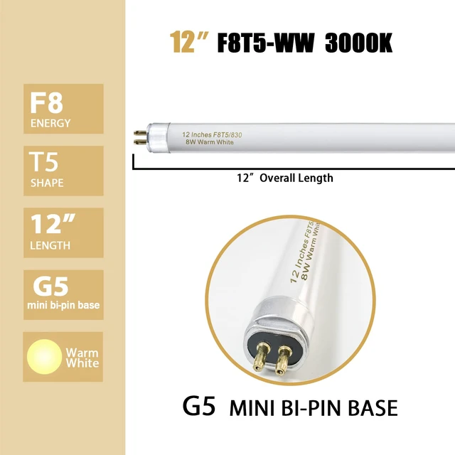 Alt view image 4 of 7 - 8 Pack F8T5/WW Fluorescent Bulbs Warm White 3000K, 12 inch Under Cabinet Light Bulb, T5 8 Watt Fluorescent Tube Soft White, G5 Mini Bi 460 Lumens No Dimmable