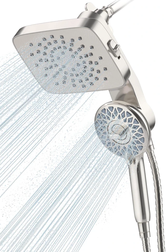 Main image of ® Dual Shower Head with Magnetic Handheld, Brushed Nickel Rain Shower Combo, 2-in-1 Fixed & Detachable, Multiple Spray Modes, Built-in Magnet Dock, 6ft Hose