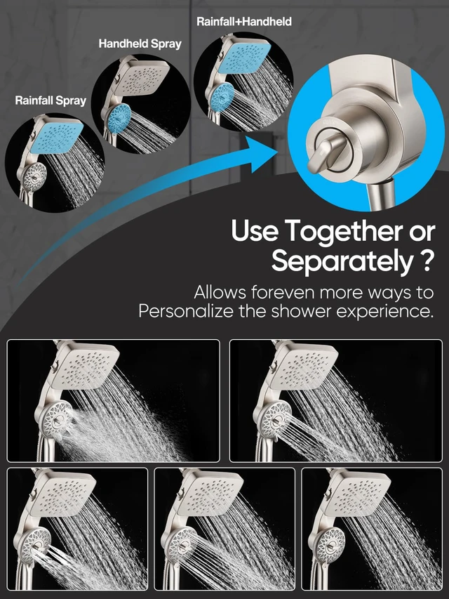 Alt view image 6 of 7 - ® Dual Shower Head with Magnetic Handheld, Brushed Nickel Rain Shower Combo, 2-in-1 Fixed & Detachable, Multiple Spray Modes, Built-in Magnet Dock, 6ft Hose