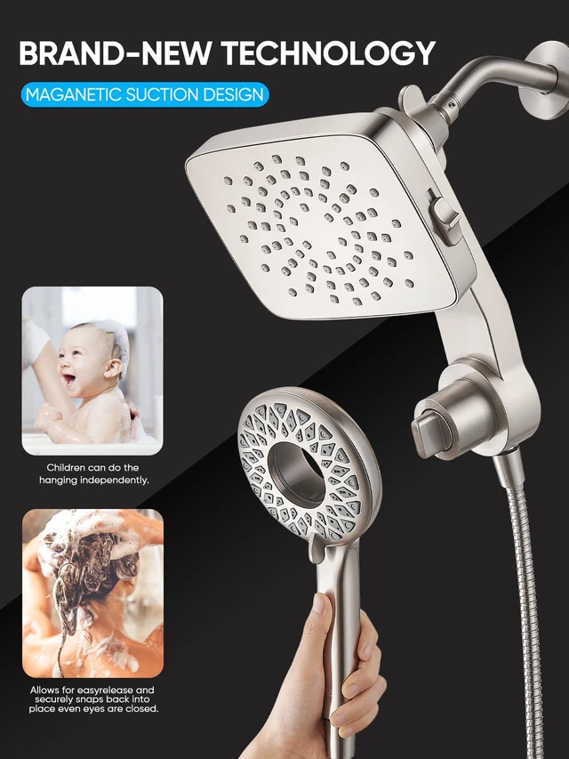 Alt view image 7 of 7 - ® Dual Shower Head with Magnetic Handheld, Brushed Nickel Rain Shower Combo, 2-in-1 Fixed & Detachable, Multiple Spray Modes, Built-in Magnet Dock, 6ft Hose